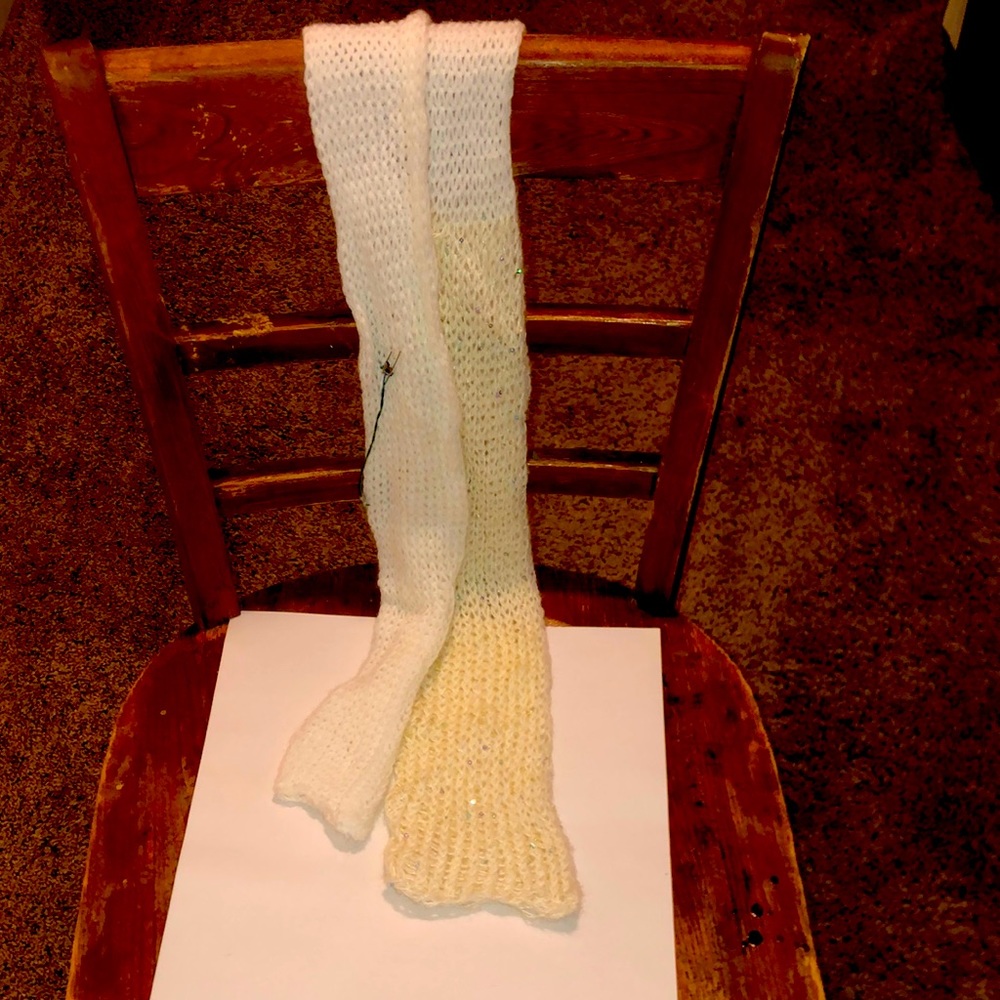 Homemade, Loom Knitted Scarf, White & Off White with Sequins on Off White Side